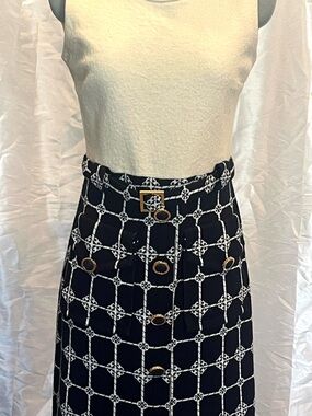 Tory Burch Navy and White Chain-Print Midi Skirt with Gold Buttons